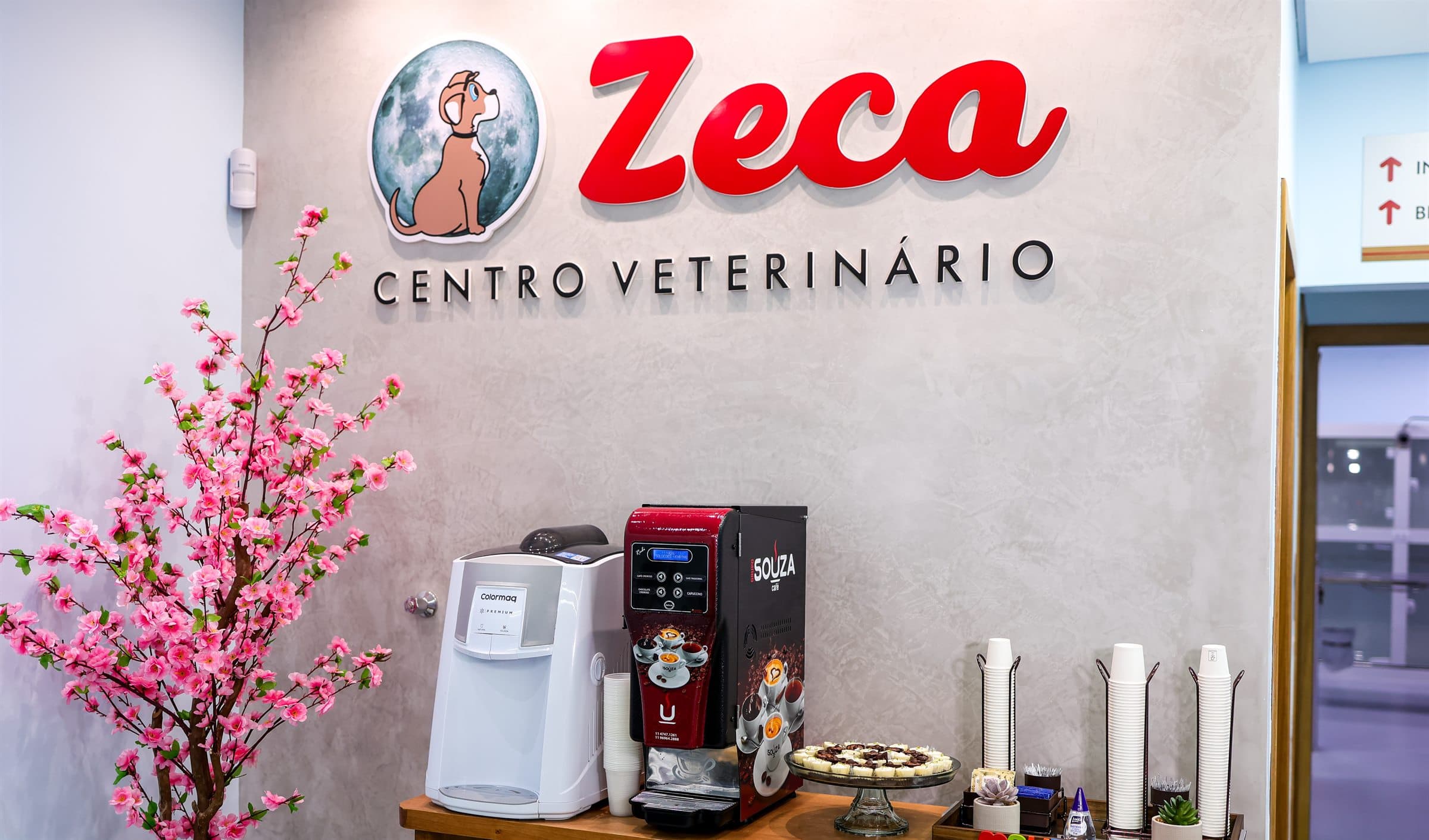 Recepção do Centro Veterinário Zeca Pet, com espaço de café disponível aos tutores